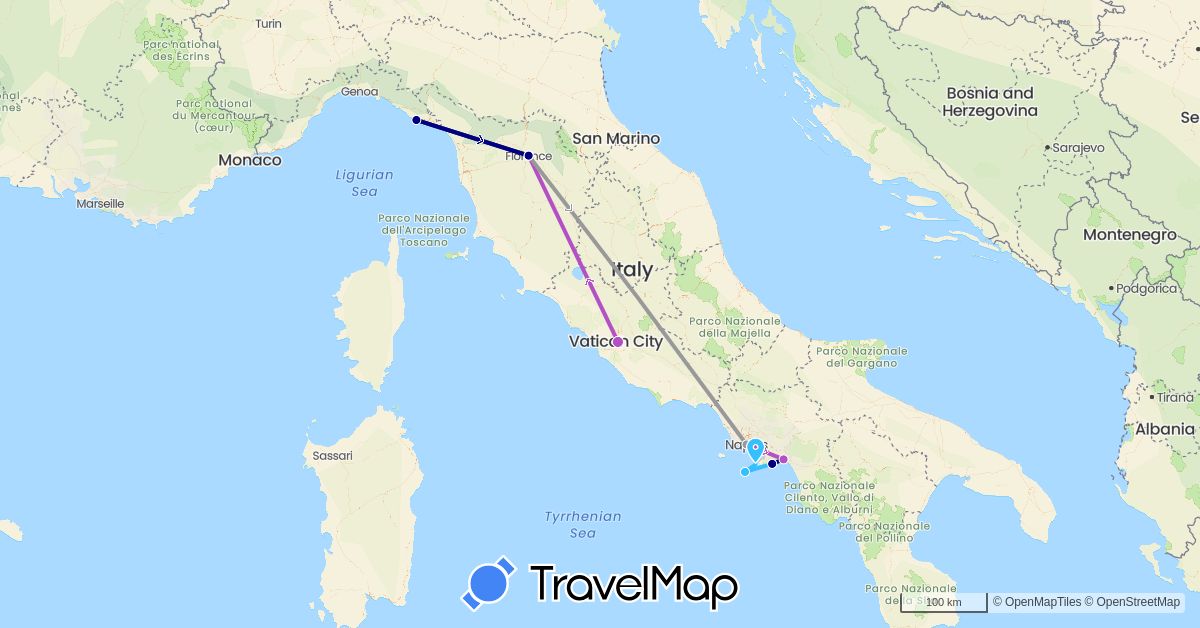 TravelMap itinerary: driving, plane, train, boat in Italy (Europe)